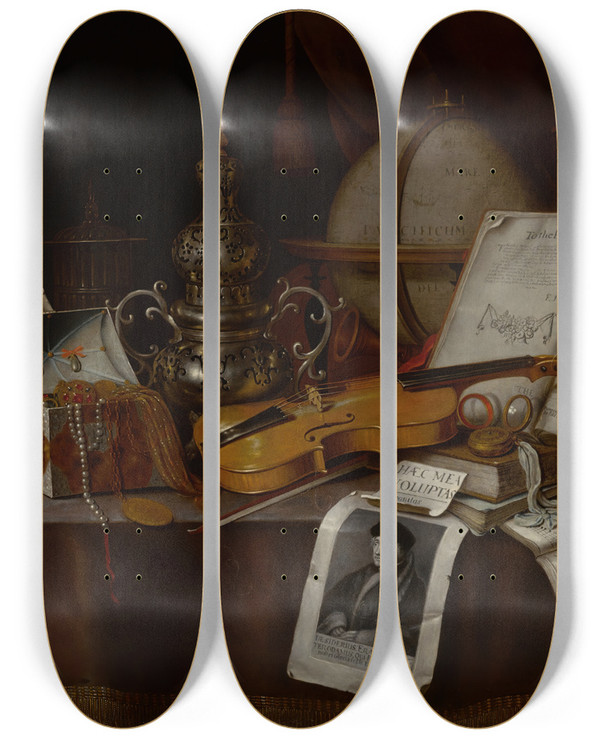 Triptych art skateboard deck of Edwaert Collier Vanitas Still Life With A Violin Silver Incense Burner Globe Sword Box Of Jewelry And Manuscripts by Edwaert Collier (1640-1707)
