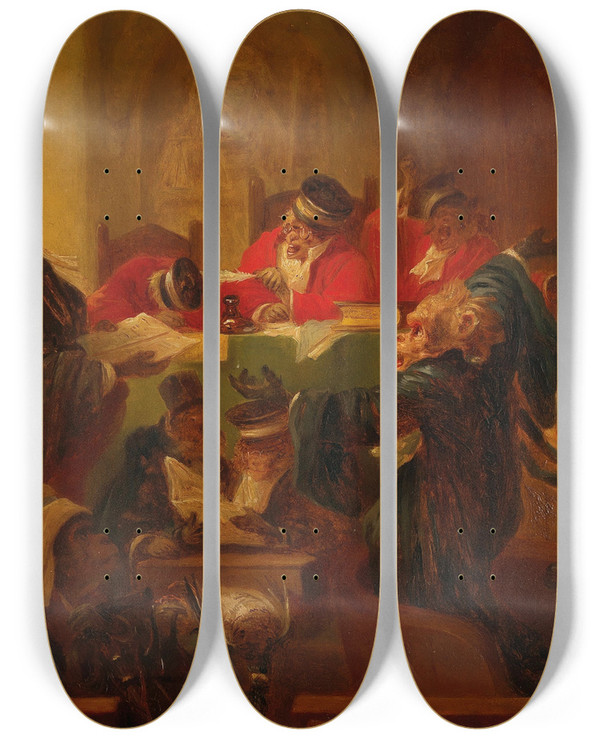 Triptych art skateboard deck of Zacharias Notermann In The Courtroom by Zacharias Notermann (1820-1890)