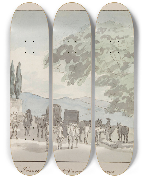 Triptych art skateboard deck of Abrahamlouisrodolphe Ducros Stop In Francolisi Voor Aankomst In Capua by Abraham-Louis-Rodolphe Ducros (1748-1810)