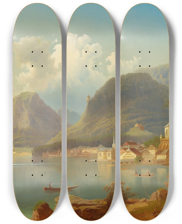 Triptych art skateboard deck of Ferdinand Lepie View Of Hallstatt by Ferdinand Lepie (1824-1883)