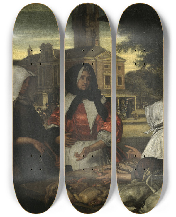 Triptych art skateboard deck of Emanuel De Witte The Birdmarket Amsterdam by Emanuel de Witte (1617-1692)