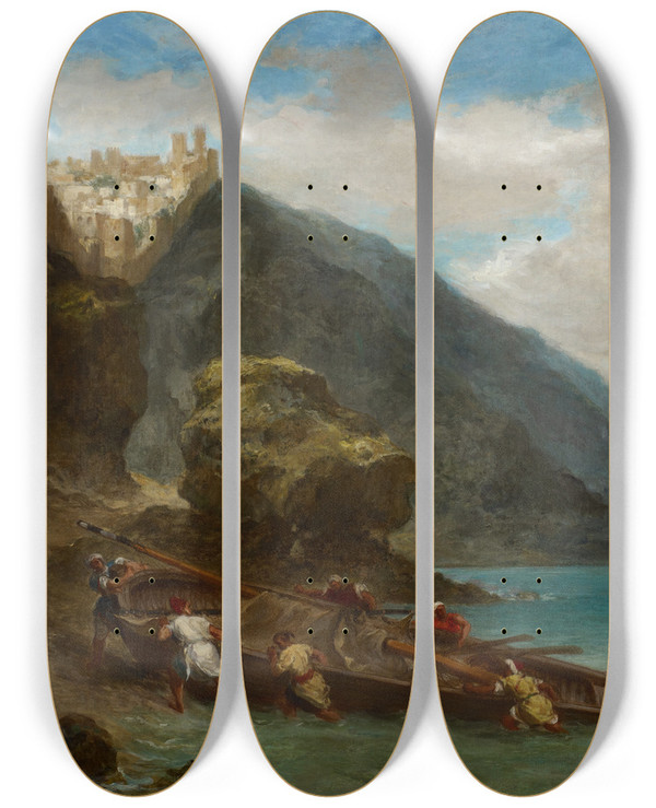 Triptych art skateboard deck of Eugne Delacroix View Of Tangier From The Seashore by Eugene Delacroix (1798-1863)