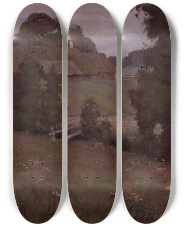Triptych art skateboard deck of Ludvig Oskar Maastik Talumaja Ja Kuuga by Ludvig Oskar