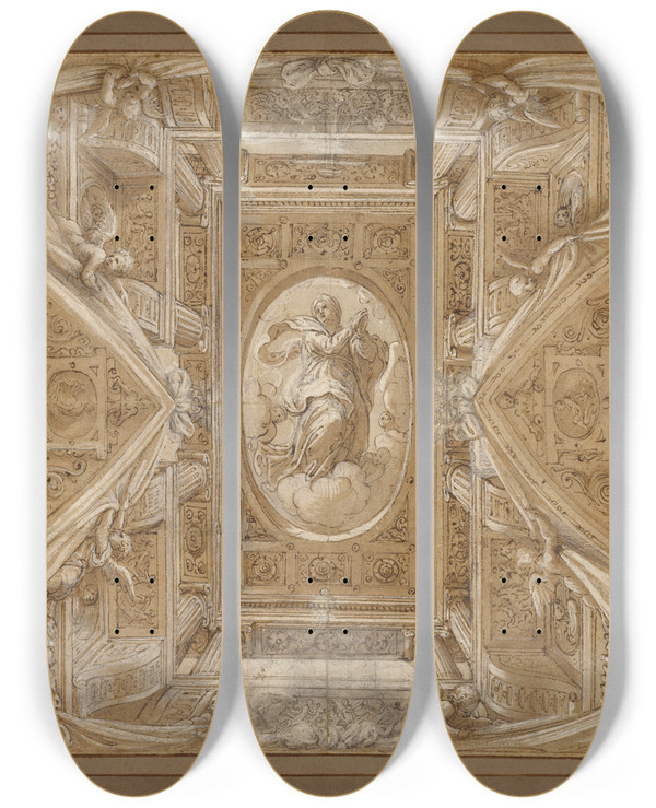 Triptych art skateboard deck of Lattanzio Gambara Study For A Ceiling by Lattanzio Gambara (1525-1574)