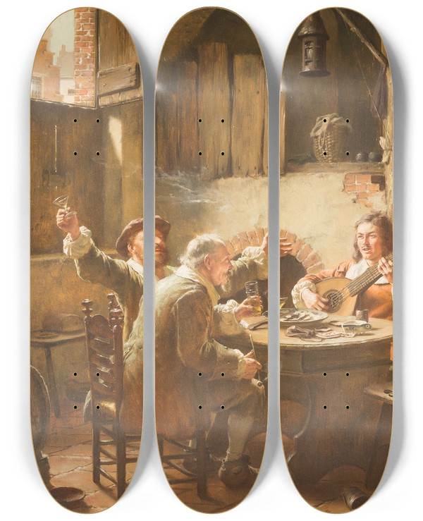 Triptych art skateboard deck of Fritz Wagner Merry Gathering by Fritz Wagner (1896-1939)