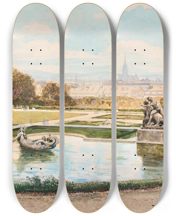 Triptych art skateboard deck of Friedrich Frank View From The Belvedere Over Vienna by Friedrich Frank (1871-1945)