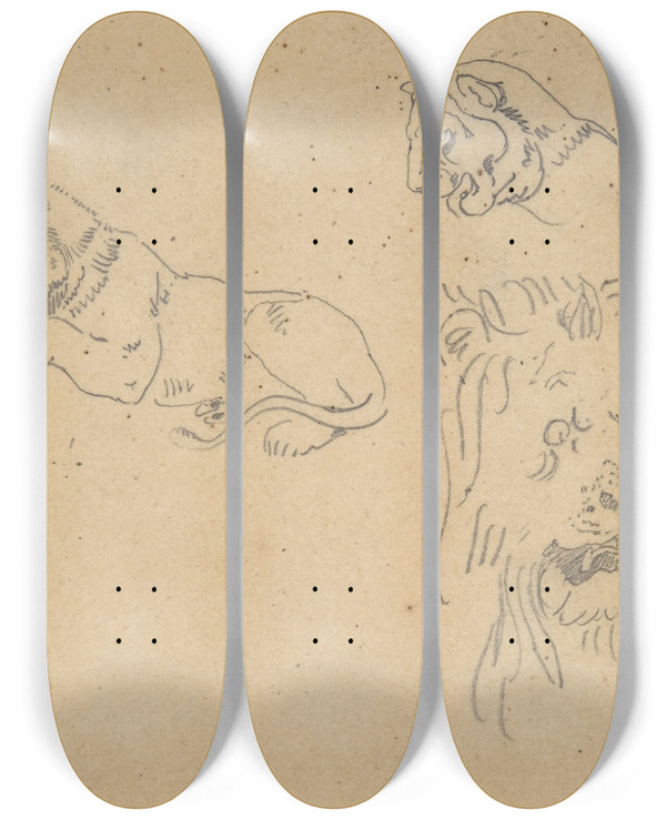 Triptych art skateboard deck of Eugne Delacroix Three Studies Of A Lion by Eugene Delacroix (1798-1863)