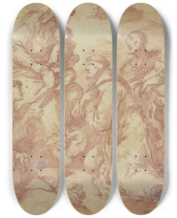 Triptych art skateboard deck of Antonio Balestra Die Muttergottes Mit Dem Jesuskind Auf Wolken Umgeben Von Den Heiligen Antonius Von Padua Und Franziskus Sowie Zwei Weiteren Heiligen by Antonio Balestra (1666-1740)