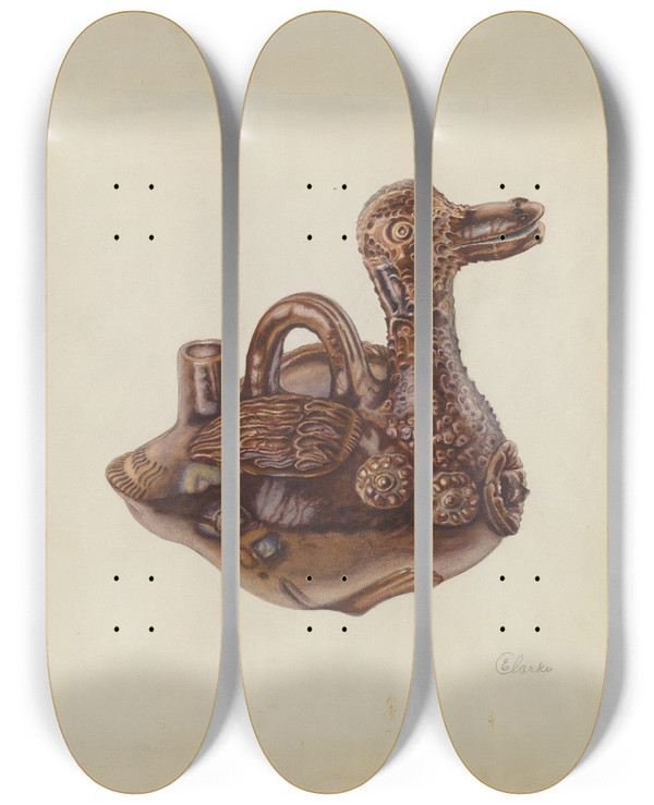 Triptych art skateboard deck of Ethel Clarke Glazed Pottery Duck Bottle by Ethel Clarke