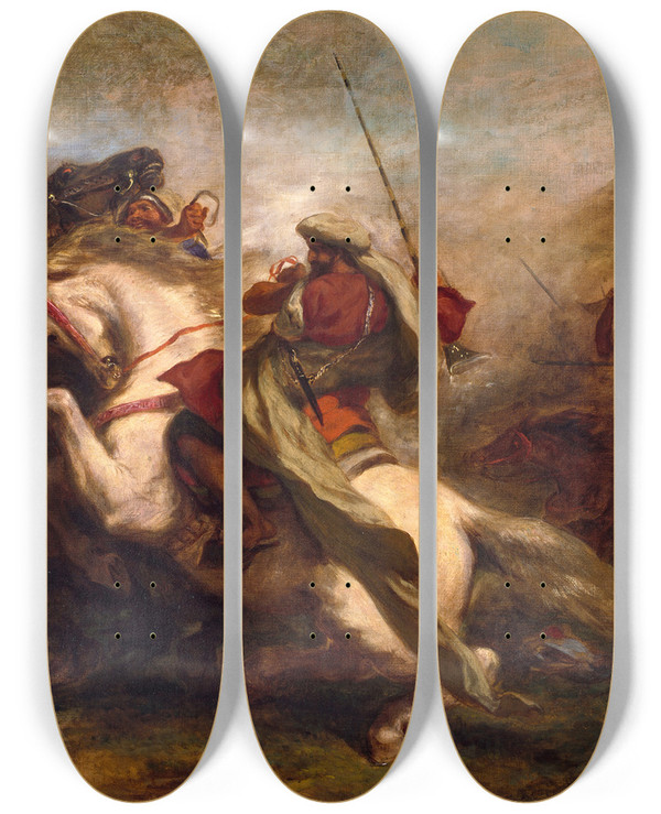 Triptych art skateboard deck of Eugne Delacroix Collision Of Moorish Horsemen by Eugene Delacroix (1798-1863)