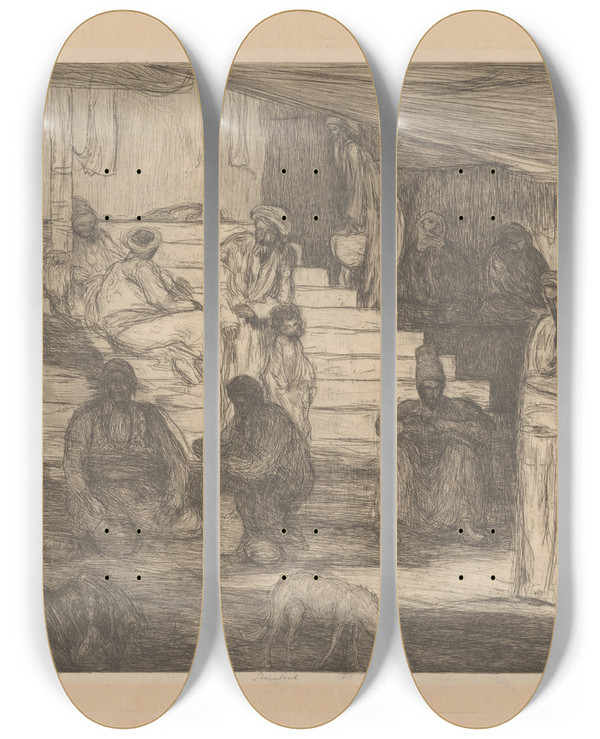 Triptych art skateboard deck of Marius Bauer Mannen Bij Een Trap by Marius Bauer (1867-1932)