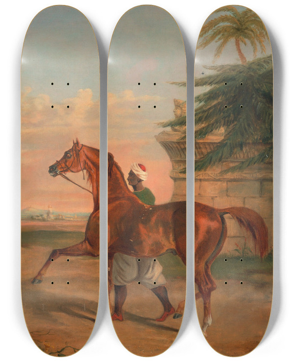 Triptych art skateboard deck of George Henry Laporte Mameluke Purchasing An Arabian Stallion by George Henry Laporte (1799-1873)