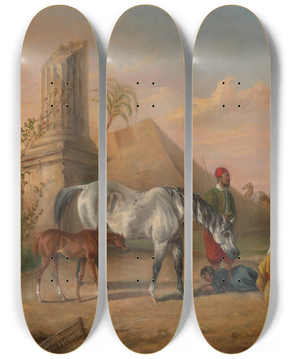 Triptych art skateboard deck of George Henry Laporte Grey Arabian Mare And Foal With A Family by George Henry Laporte (1799-1873)