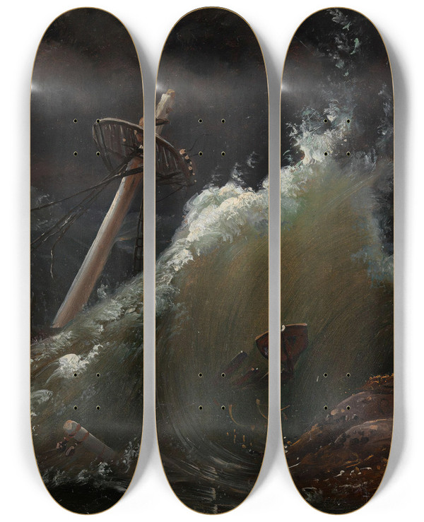 Triptych art skateboard deck of Knud Baade Shipwreck by Knud Baade (1808-1879)