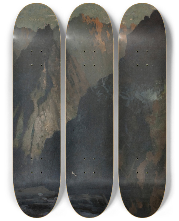 Triptych art skateboard deck of James Paterson Mountain Landscape Possibly The Cullins Skye by James Paterson (1854-1932)