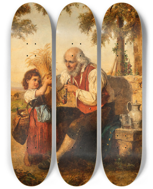 Triptych art skateboard deck of Bernhard Reinhold Harvest In The Roman Campagna by Bernhard Reinhold (1824-1892)