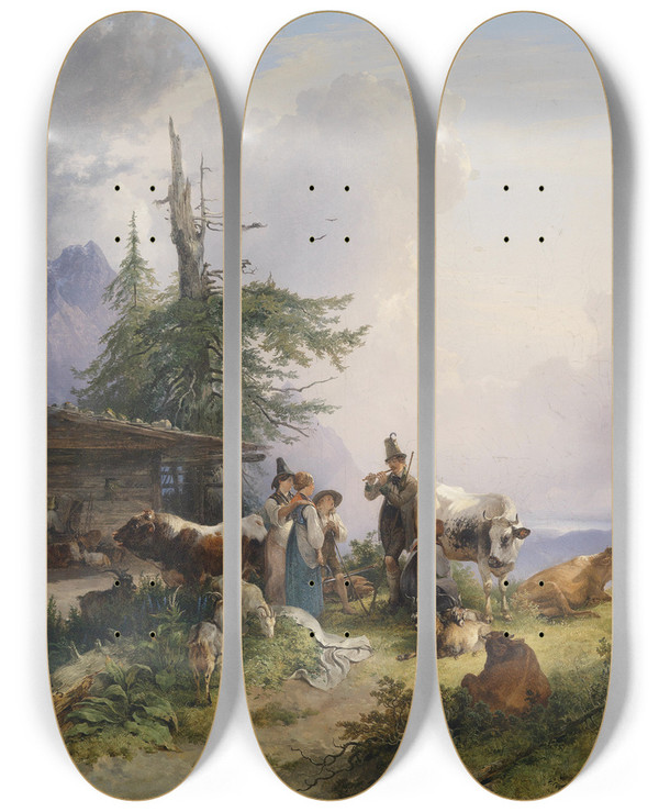 Triptych art skateboard deck of Friedrich August Matthias Gauermann Alpenwirtschaft Am Untersberg by Friedrich August Matthias Gauermann (1807-1862)