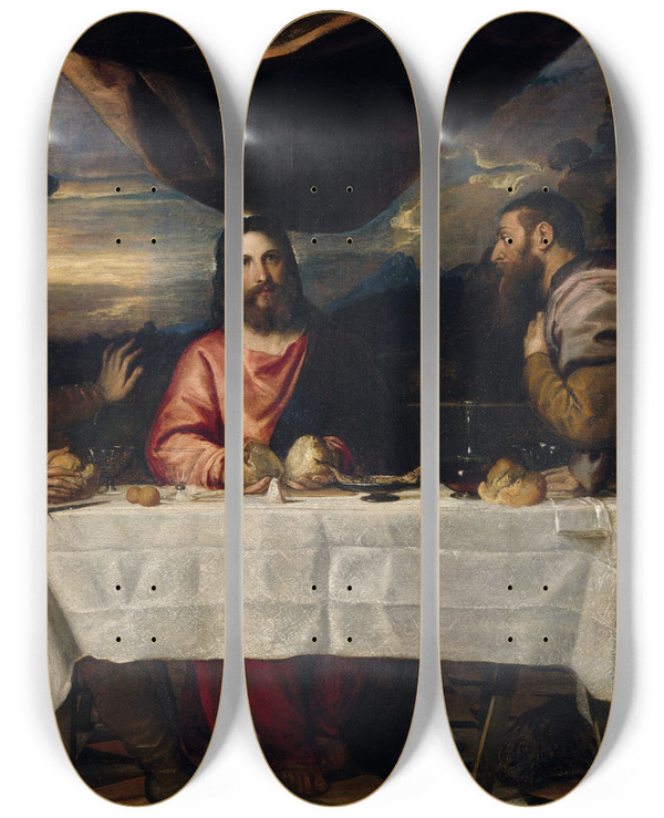 Triptych art skateboard deck of Studio Of Titian The Supper At Emmaus by Studio of Titian