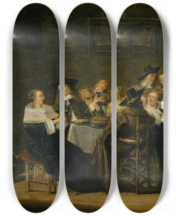 Triptych art skateboard deck of Palamedes Palamedesz Company At Table by Palamedes Palamedesz (1607-1638)