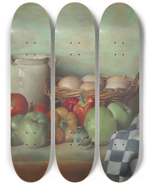 Triptych art skateboard deck of Jan Ingenhoes Kchenstillleben Mit Eiern by Jan Ingenhoes (1882-1948)