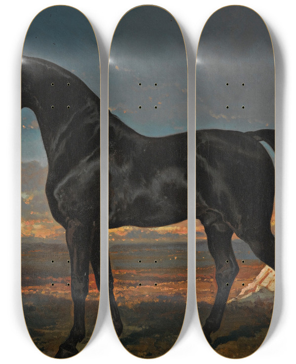 Triptych art skateboard deck of Alfred De Dreux Cheval Noir Au Palmier by Alfred De Dreux (1810-1860)