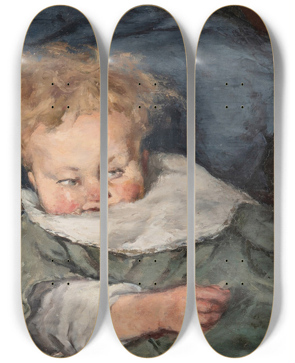 Triptych art skateboard deck of Pericles Pantazis Child In Cradle The Artist Son by Pericles Pantazis (1864-1871)