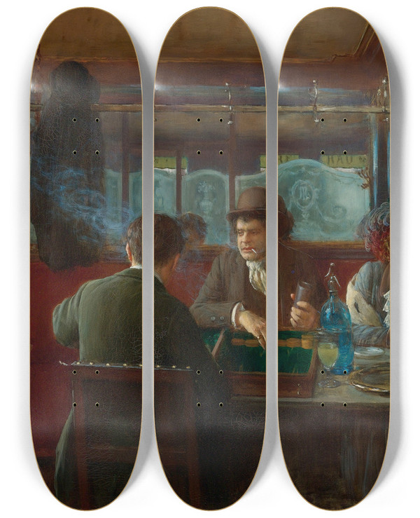 Triptych art skateboard deck of Jean Braud Backgammon At The Caf by Jean Beraud (1849-1935)