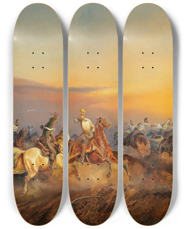 Triptych art skateboard deck of Alexander Von Bensa Szene Aus Der Ungarischen Revolution by Alexander Von Bensa (1820-1902)