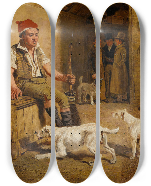 Triptych art skateboard deck of Lambert Marshall An Interior Scene With A Servant And Parson Jack Russell Hunt Terriers by Lambert Marshall (1810-1870)