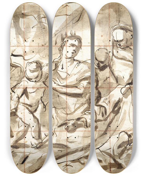 Triptych art skateboard deck of Antonio Molinari The Boy Moses Stepping On Pharaohs Crown by Antonio Molinari (1655-1704)
