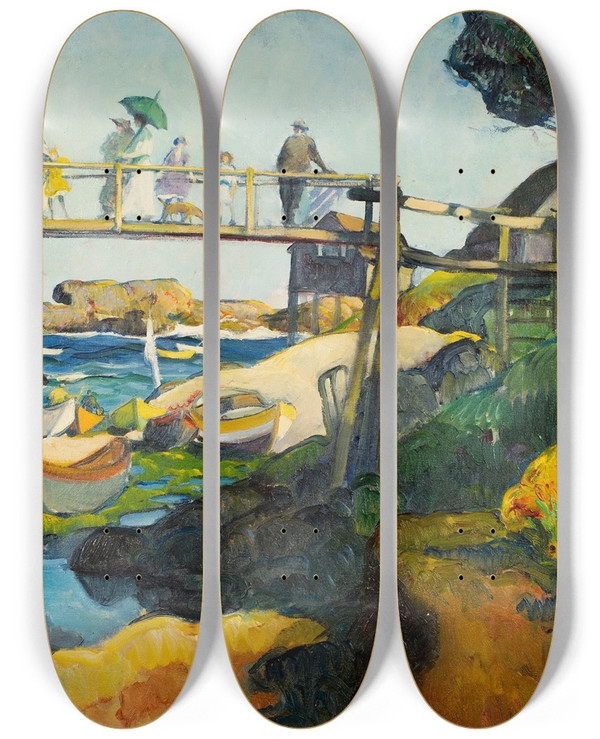 Triptych art skateboard deck of Leon Kroll The Gay Bridge by Leon Kroll (1884-1974)