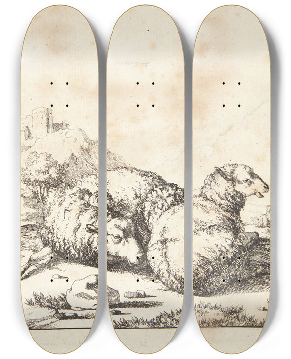 Triptych art skateboard deck of Marcus De Bye To Liggende Fr_1 by Marcus de Bye (1638-1688)