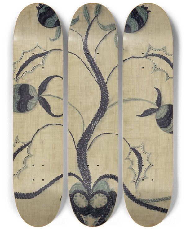 Triptych art skateboard deck of Phyllis Dorr Bed Hanging by Phyllis Dorr