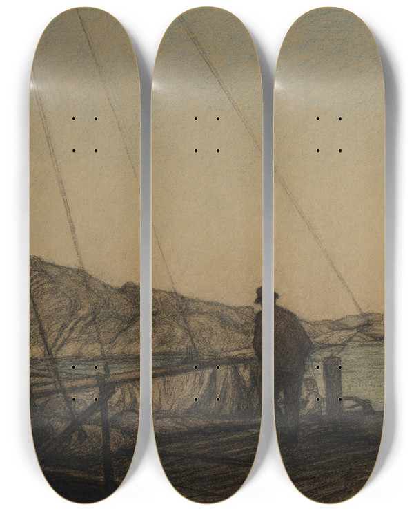 Triptych art skateboard deck of Karl Nordstrm The Quay by Karl Nordstrom (1855-1923)