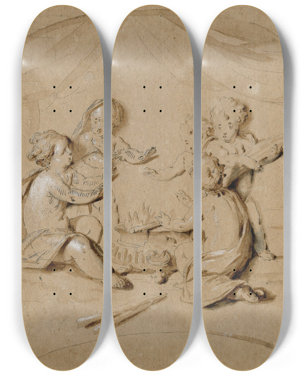 Triptych art skateboard deck of Jacob De Wit Putti Warmen Zich Bij Een Vuur De Winter by Jacob de Wit (1695-1754)