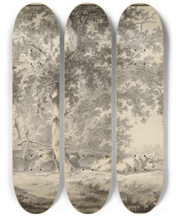 Triptych art skateboard deck of Jan Hulswit Unter Einer Eiche An Einem Zaun Ein Hirte Mit Zwei Khen by Jan Hulswit (1766-1822)