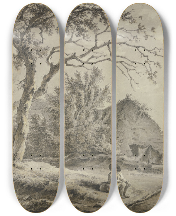 Triptych art skateboard deck of Jan Hulswit Eichen Und Htten Vorn Am Weg Sitzt Ein Ein Wanderer Mit Einem Bndel by Jan Hulswit (1766-1822)