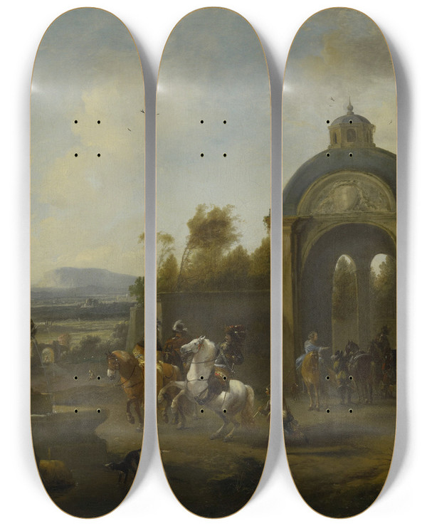 Triptych art skateboard deck of Pieter Wouwerman Hunting Party At A Fountain by Pieter Wouwerman (1623-1682)