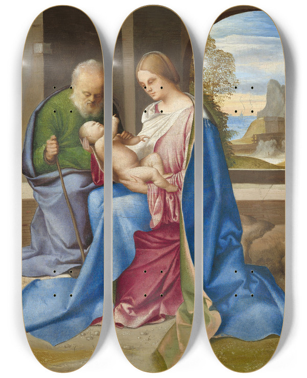 Triptych art skateboard deck of Giorgione The Holy Family by Giorgione (1477-1510)