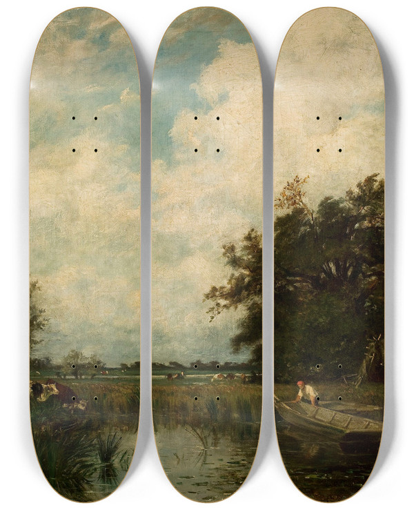 Triptych art skateboard deck of Jules Dupr Landscape With A Pond by Jules Dupre (1811-1889)