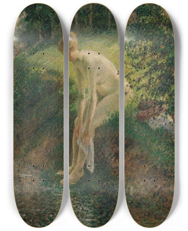 Triptych art skateboard deck of Camille Pissarro Bather In The Woods by Camille Pissarro (1830-1903)