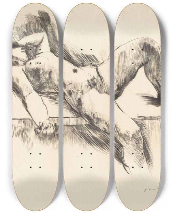 Triptych art skateboard deck of Lovis Corinth Reclining Female Nude Iii Liegender Weiblicher Akt Iii by Lovis Corinth (1858-1925)