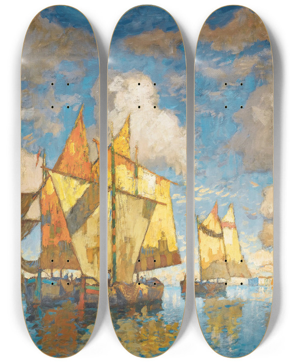 Triptych art skateboard deck of Konstantin Ivanovich Gorbatov Fishing Boats In The Lagoon Venice by Konstantin Ivanovich Gorbatov (1876-1945)