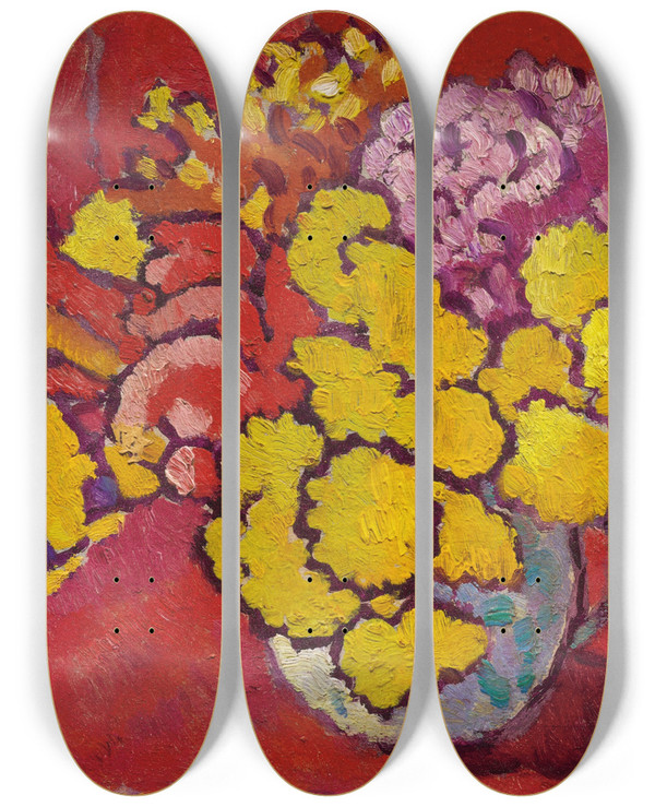 Triptych art skateboard deck of Louis Valtat Fleurs Jaunes Draperie Rouge by Louis Valtat (1869-1952)