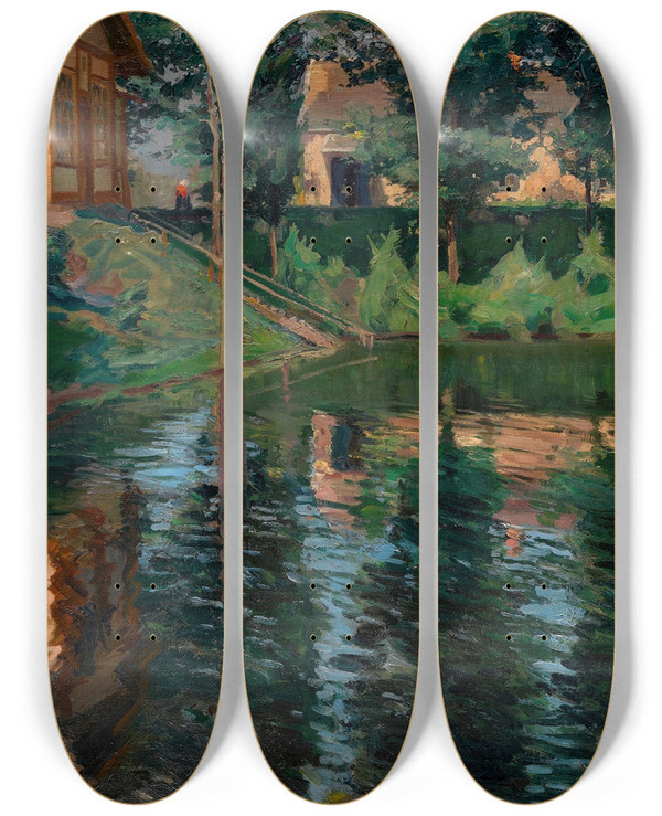 Triptych art skateboard deck of Sergei Arsenevich Vinogradov Pond By The Manor House by Sergei Arsenevich Vinogradov (1869-1938)