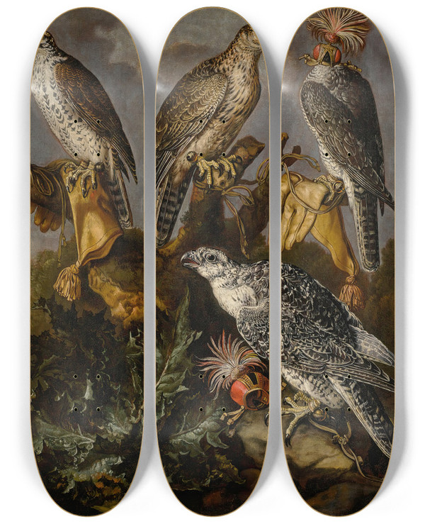 Triptych art skateboard deck of Carstian Luyckx A Group Of Seven Lanner And Peregrine Or Gyrfalcons by Carstian Luyckx (1623-1675)