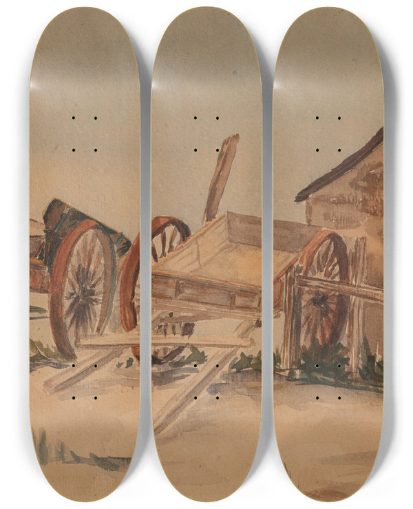 Triptych art skateboard deck of Elling William Gollings Wagons by Elling William Gollings (1878-1932)
