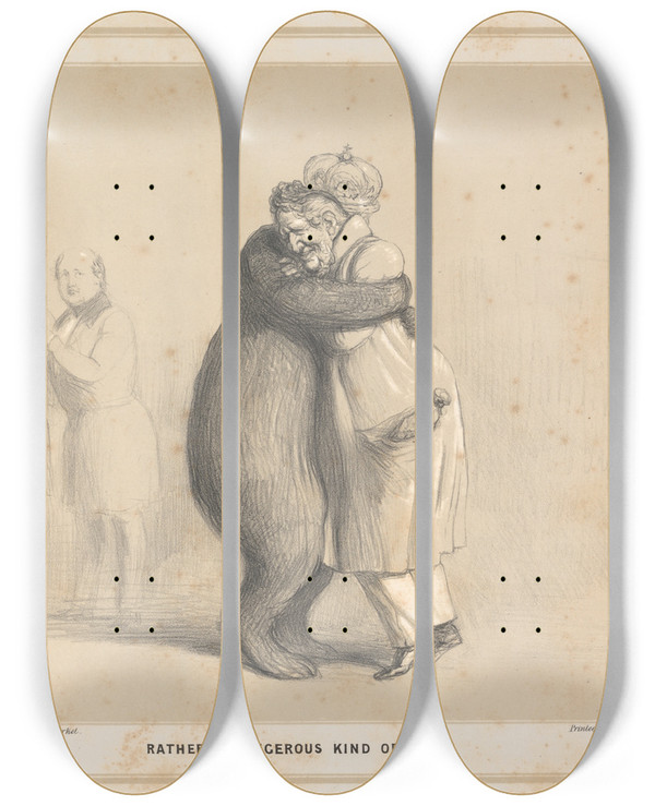 Triptych art skateboard deck of John Doyle Rather A Dangerous Kind Of Hug by John Doyle (1939)