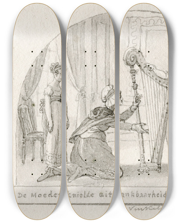 Triptych art skateboard deck of Reinier Vinkeles Titelblad Oudere Vrouw Knielt Bij Jonge Vrouw Met Harp by Reinier Vinkeles (1741-1816)