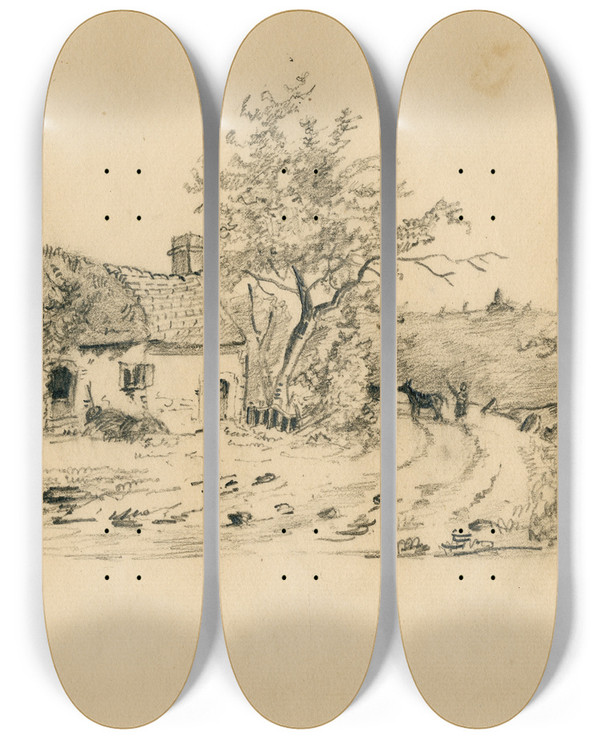 Triptych art skateboard deck of Floris Verster Farmhouse With Pathway by Floris Verster (1861-1927)